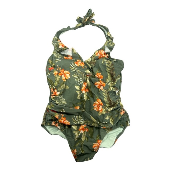 Cupshe Green and Orange Floral One Piece Swimsuit with Ruffle Detail - Picture 6 of 7